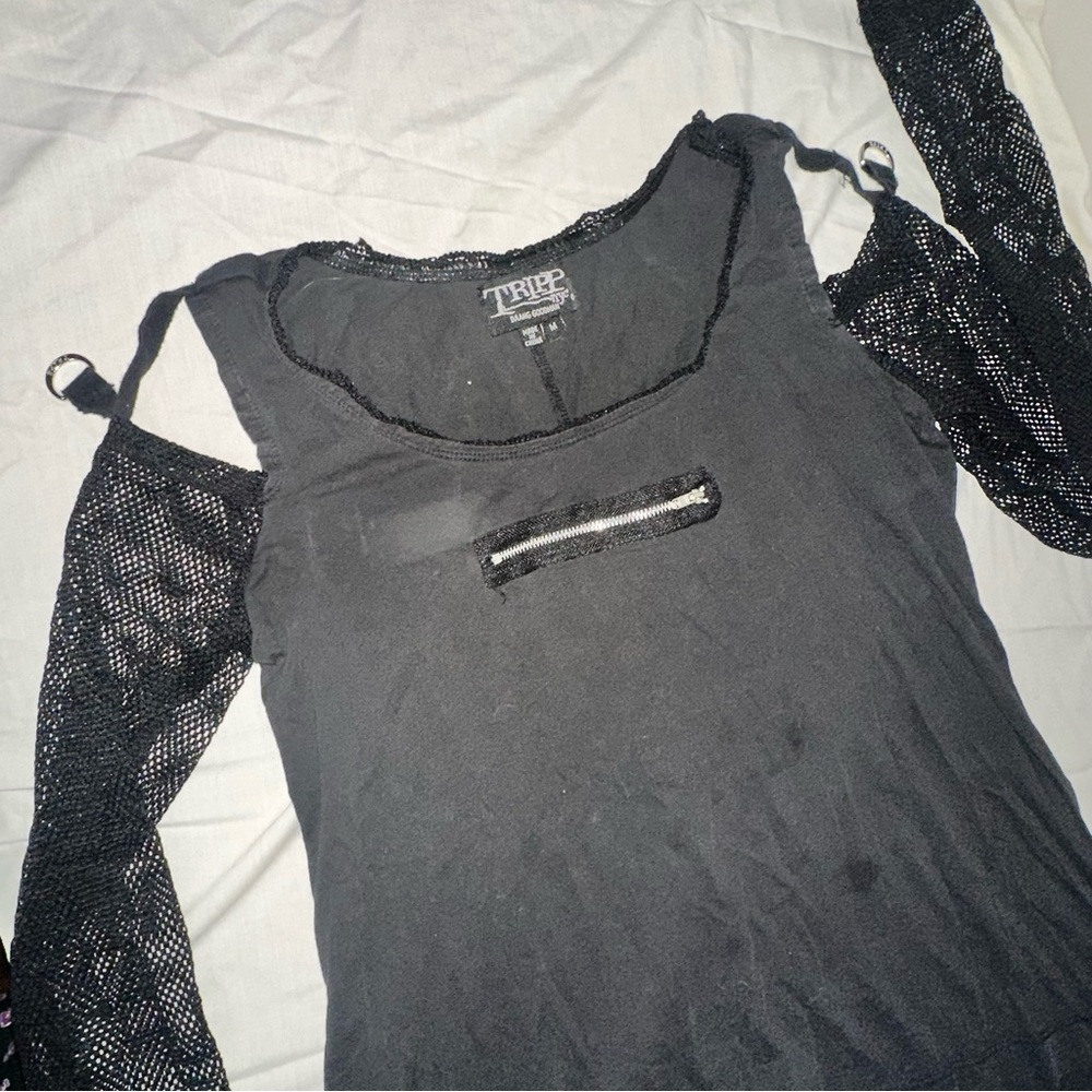 Tripp NYC Black Top with Mesh Sleeves & Front Zipper Design - Picture 2 of 16